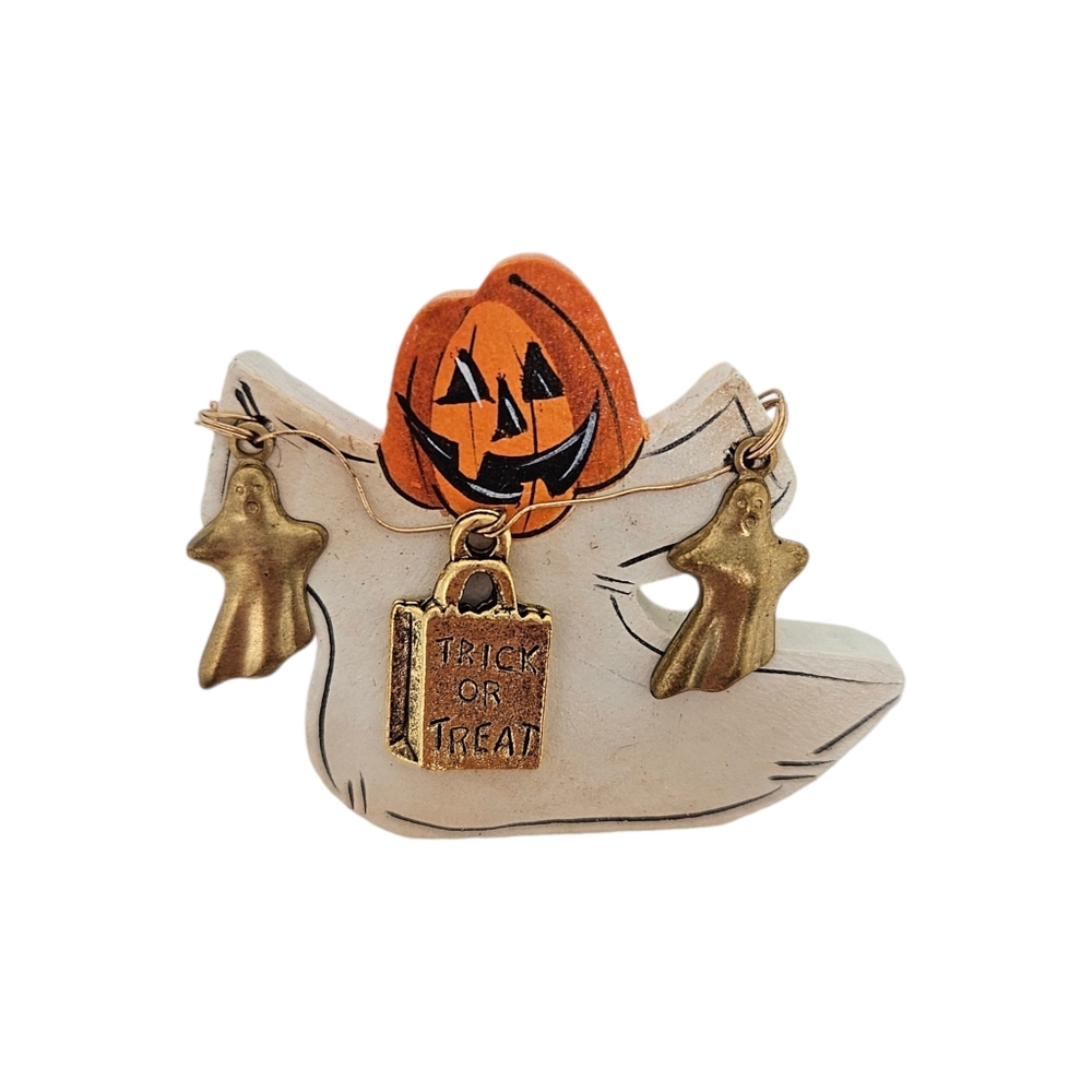 Halloween Brooch Pin Pumpkin Ghost Wooden
